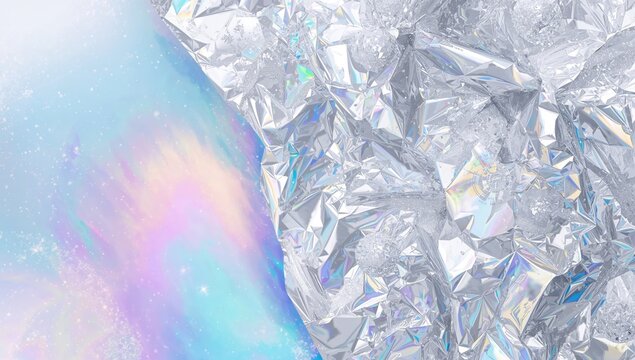 Festive shimmering holographic background featuring silver pearl accents and wrapping foil, suitable for seasonal layouts - Powered by Adobe