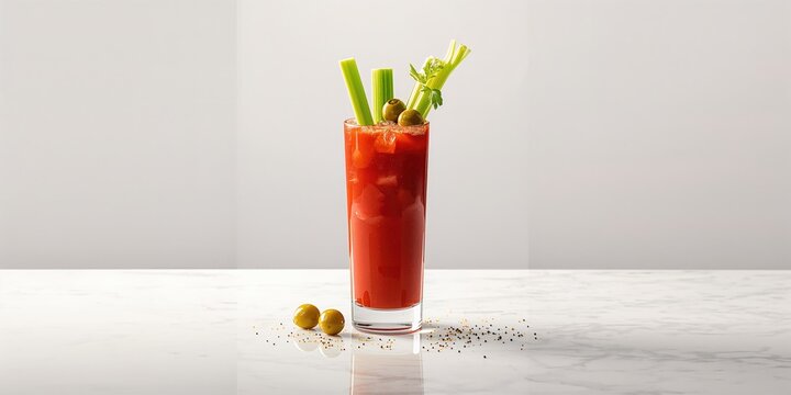 Bloody mary beverage with celery and olive garnish, suitable for breakfast hours