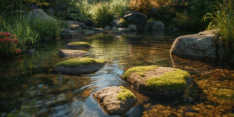 A tranquil pond featuring mossy stones and gentle water movement, emphasizing nature's calm, World Environment Day