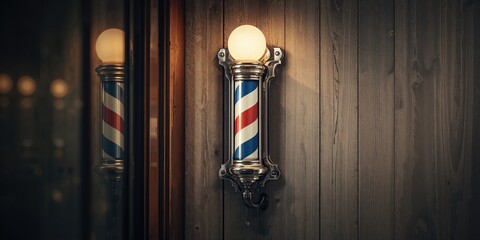 Barber shop signage with traditional pole and staff, maintenance and branding in a retail setting