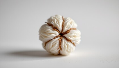 A single piece of fabric adorned with a flower like pattern, which is situated next to a ball of yarn tied in an intricate manner