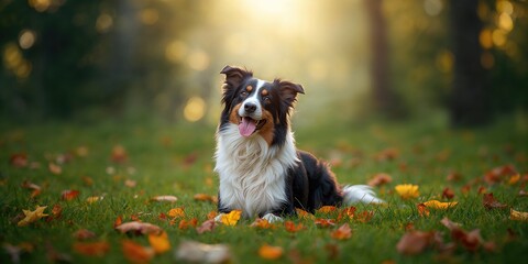 Fototapeta premium Border Collie resting on forest floor, demonstrating alertness during outdoor activity
