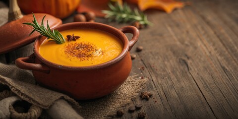Clay pot of pumpkin soup on homespun cloth in a kitchen setting, highlighting traditional cooking methods