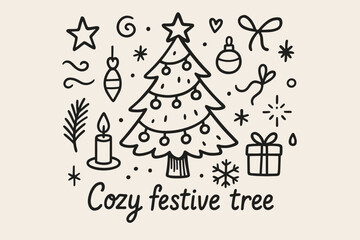 Cozy Holiday Doodles. Cozy festive tree. Hand-drawn doodle illustration of Cozy festive tree. Central doodle