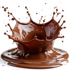Glossy brown chocolate liquid splashes upward, forming a crown shape, with smaller droplets dispersed on a plain background