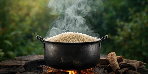 Large rice pot boiling over an outdoor fire used for traditional cooking, food preparation techniques, World Food Day