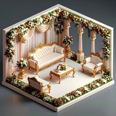 Elaborate miniature diorama ivory seating w/ gold trim, flowers, and columns, set in a white box against gray