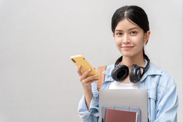 Portrait beautiful Asian woman student. Smile girl happy study. read book in college campus. young female on international Asia University. Education, study, school, learning, exam, continue education