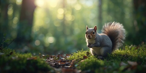 Fototapeta premium Forest scene with a squirrel, highlighting local fauna for nature study