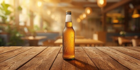 Top-down view of a beer bottle on a wooden surface, suitable for layout backgrounds, World Beer Day