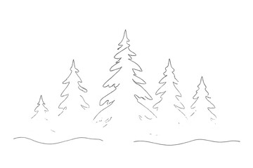 Fototapeta premium Misty Winter Forest. Misty winter forest. Minimalistic one-line drawing snow-covered trees emerging from soft