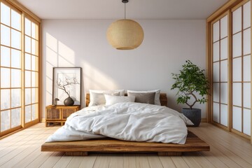 Peaceful bedroom with natural light and minimalist decor.