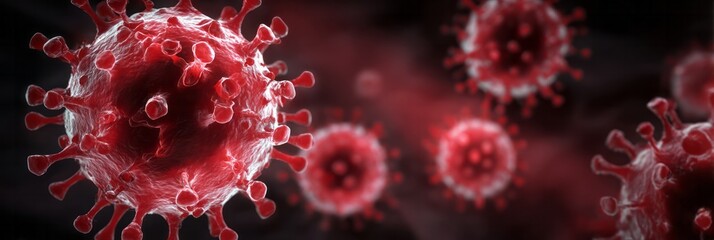 Microscopic view of infectious virus particles with spiked protein projections.