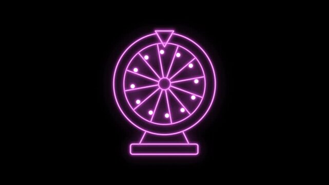 Animated outline neon fortune wheel icon. Glowing neon lucky spin icon, roulette game. Lucky wheel, lottery game, casino roulette spin, fortune chance bet, win prize reward free spin bonus. 4k video