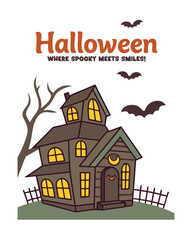 Cartoon Haunted House Illustration | Glowing Windows Vector EPS