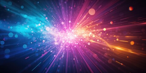 Bright, multicolored abstract lighting patterns serving as a backdrop for digital content and interface elements