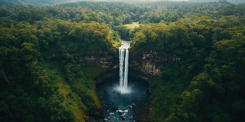 Bird's-eye perspective of a waterfall descending a lush green cliffside in a forest setting, highlighting erosion concerns