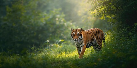 Royal Bengal Tiger in Indian reserve displaying natural hunting behavior, wildlife preservation day