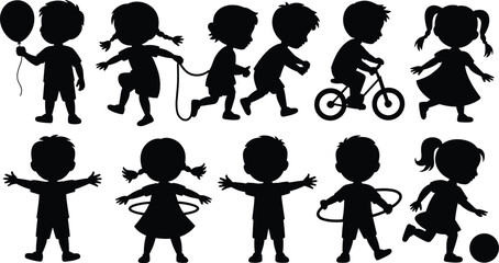 Silhouette children playing outdoors, kids running jumping dancing biking walking with balloon using hula hoop and playing ball in active preschool playground activity scenes