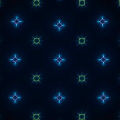 ola gelap dengan bentuk bintang/salib ungu dan lingkaran hijau neon.ola abstrak dengan blok warna komplementer (merah muda, ungu tua, oranye, hijau zaitun,Genenrative AI