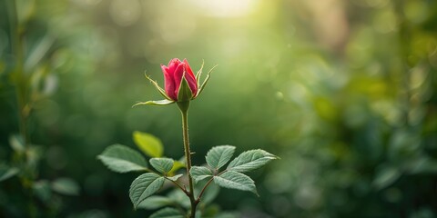Obraz premium Green leaves surrounding a closed rose bud in a garden setting, highlighting plant growth