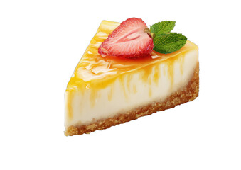Decadent cheesecake slice with strawberry, caramel drizzle, and mint