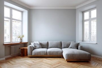 Spacious living room with gray sectional sofa and large windows.