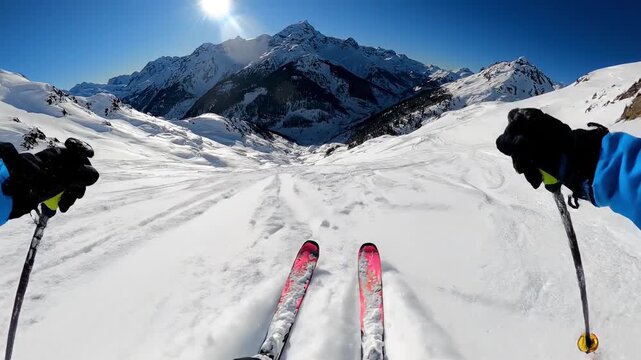 Skier descends snowy slope in mountains under bright sun in Val di Fassa, Italy on a clear winter day