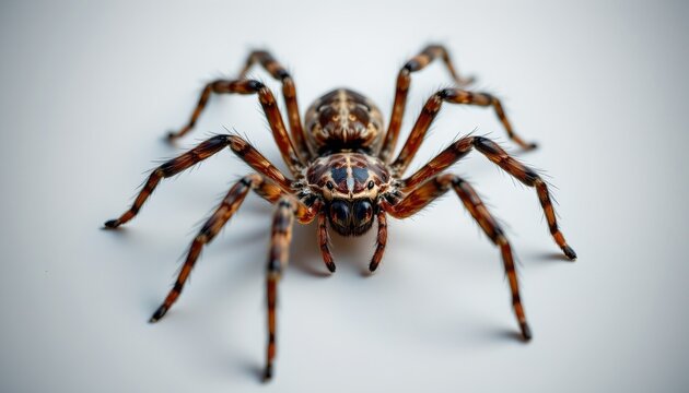 A close up of a spider, likely an orb weaver given its size and the intricate web it has spun, against a white background.