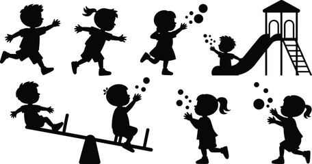 Silhouette children running blowing bubbles sliding on playground seesaw and playing outdoors, active preschool kids in fun park activity scene illustration