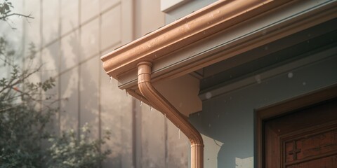 Naklejka premium Building facade with rain gutter pipe, designed for water runoff management, infrastructure maintenance