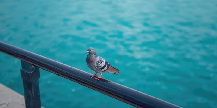 Close-up of a pigeon on a black metal railing over turquoise water, urban bird habitat, World Bird Day - Powered by Adobe
