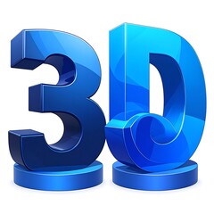 Glossy, dimensional "3D" text art. Shaded in shades of blue, each letter sits on a cylindrical pedestal