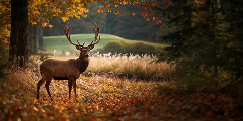 Deer and goats grazing in a Latvian forest park garden, highlighting wildlife coexistence and ecological balance