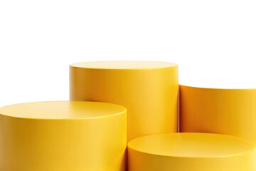 Set of yellow cylindrical display podiums for product showcasing