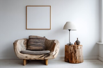 A rustic wooden armchair and a log side table decorate a minimalist room.