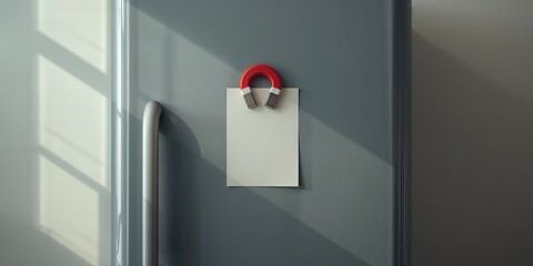 Eyeball-shaped magnet holding notepaper on gray refrigerator, used for writing messages, household utility