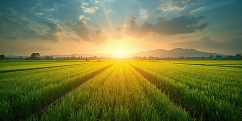 Vibrant rice field with meticulously arranged green terraces, illustrating agricultural maintenance, World Agriculture Day