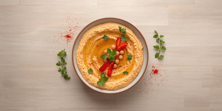 Large bowl of homemade hummus topped with chickpeas, red sweet pepper, parsley, and olive oil, used as a nutritious snack, Earth Day