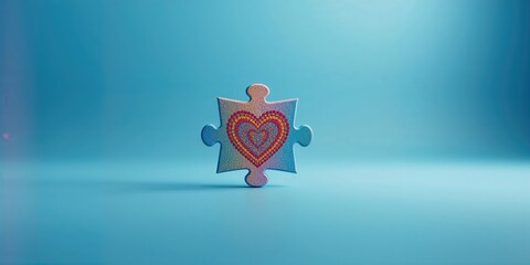 Vibrant puzzle pieces forming a heart against a soothing blue backdrop representing World Autism Awareness Day in a flat lay style