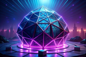 Futuristic geometric sphere illuminated by neon lights in a cityscape
