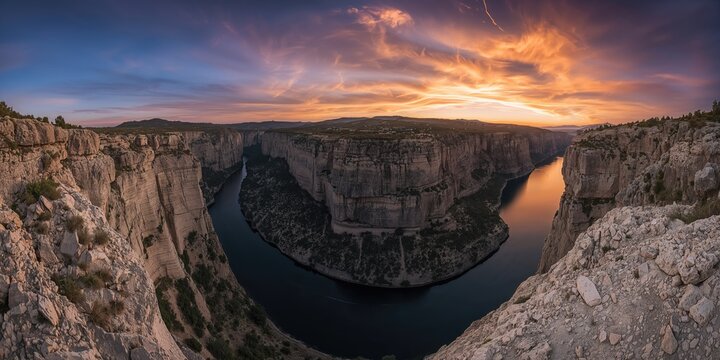 Panoramic view of the zrmanja canyon during sunset in northern dalmatia, croatia, natural erosion and seasonal change