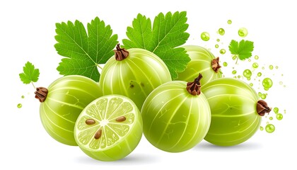 Glossy green gooseberries with leaves, some halved, some whole, with transparent, green liquid droplets, all on white