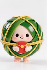 Cute chibi b&aacute;nh t&eacute;t Nam Bộ mascot with coconut leaf wrapping, holding lucky envelope, smiling face, glossy toy style on white.