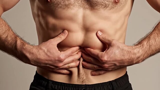 Muscular Torso Touching and Manipulating Midsection Close Up Series on Neutral Background
