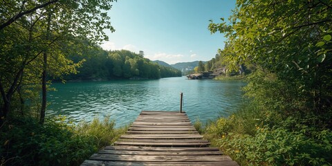 Old dock by a river in a rural summer area, water and sky, wooden structures, lush greenery, landscape, Earth Day