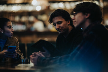 A small group of friends sits around a table in a warm, dimly lit cafe. One person reads a menu while another checks a phone, capturing casual urban nightlife and easygoing conversation.