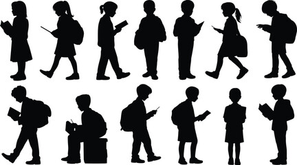 Silhouette school children reading books, students walking or standing with backpacks holding textbooks and digital devices in educational learning scene for study and classroom concepts ©  Alexander Creations