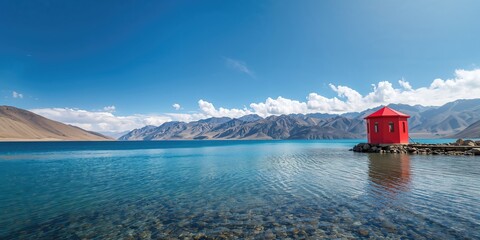 Scenic Pangong Tso landscape with red hexagon pavilion, ideal for travel backgrounds, Earth Day