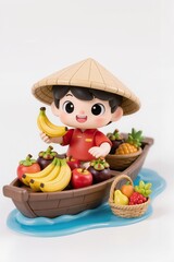 Fototapeta premium Cute chibi floating market mascot selling fruits from tiny boat, wearing nón lá, cheerful expression, glossy toy style on white background.